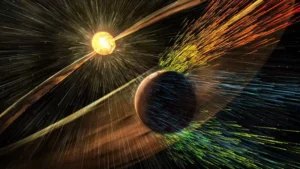Artist’s rendering shows a solar storm hitting Mars and stripping ions from the planet's upper atmosphere - Credits: NASA/GSFC
