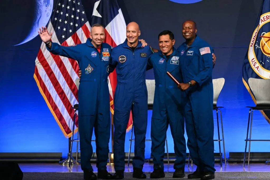 The Artemis III crew at NASA's Johnson Space Center in Houston following the announcement. Ronaldo Schemidt/AFP/Getty Images