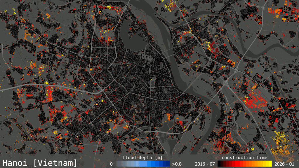Urban expansion and flood risk in Hanoi from 2016 to 2026 - Credit: DLR/MindEarth/ESA