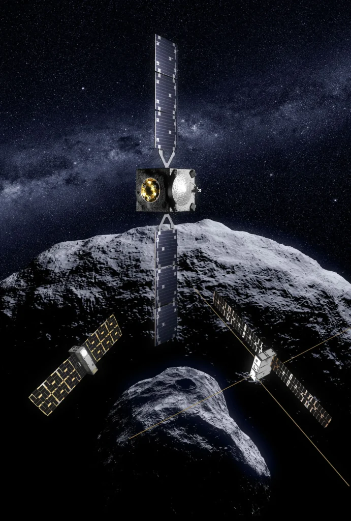 Artist’s impression of ESA’s Hera spacecraft and its two CubeSats flying near the Didymos and Dimorphos asteroids