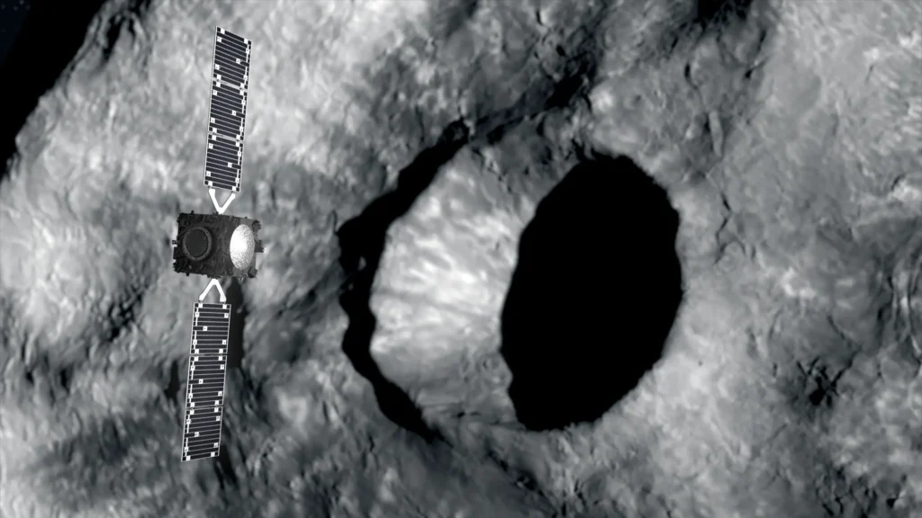 Artist’s impression of ESA’s Hera spacecraft scanning the crater left by NASA’s DART impact on the asteroid Dimorphos