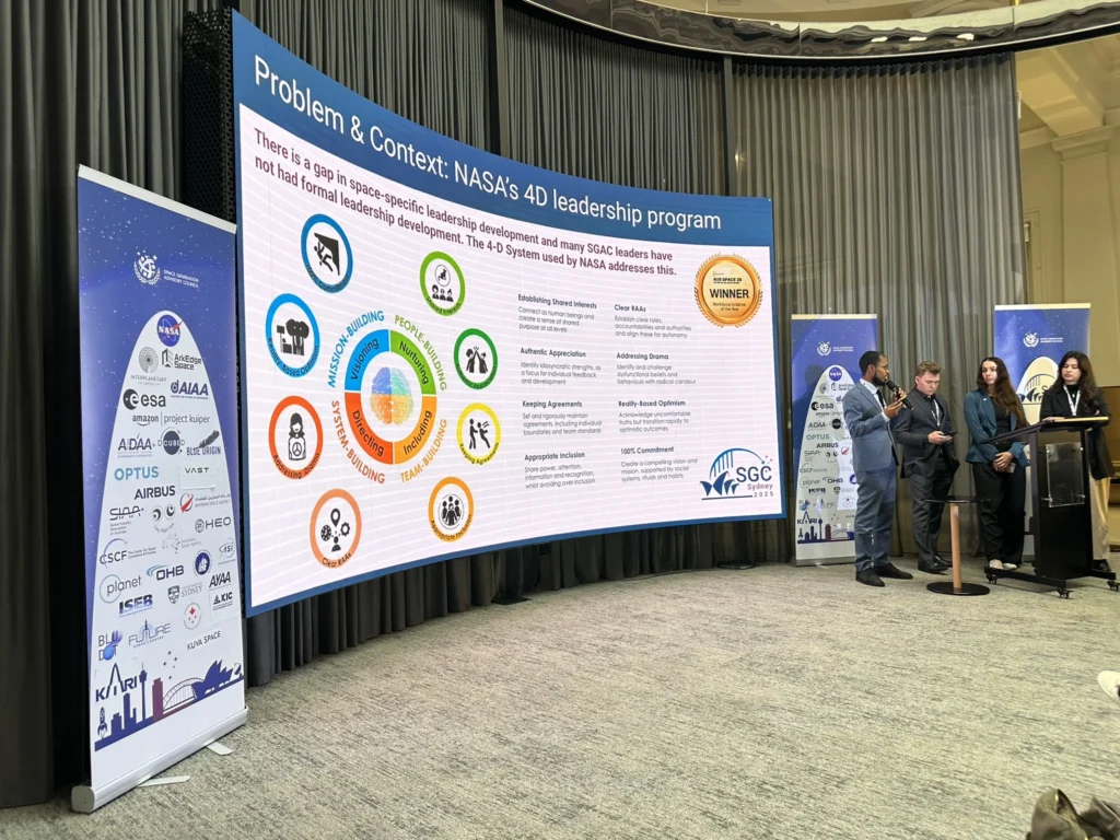 Presenters on stage at SGC Sydney 2025 beside a large curved screen showing the slide "Problem & Context: NASA's 4D leadership program", with the four dimensions diagram and an AUS Space 25 Workforce Initiative of the Year winner badge